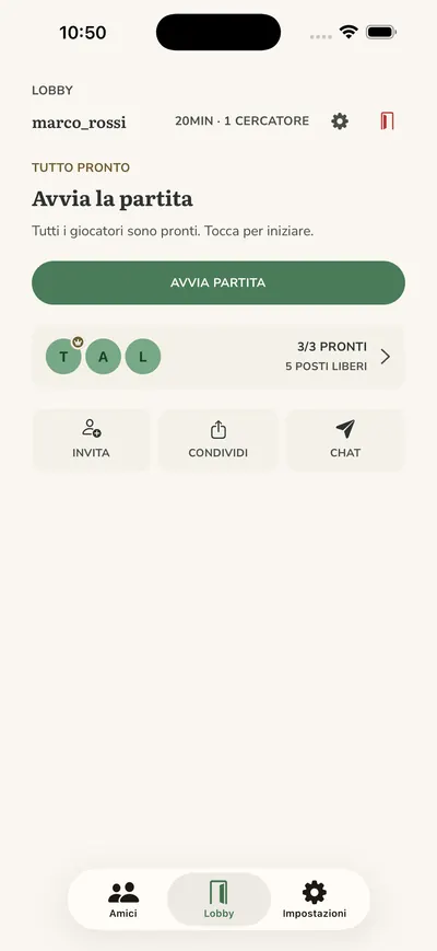 Terra Seek: lobby pronta con tre giocatori e il pulsante Avvia partita