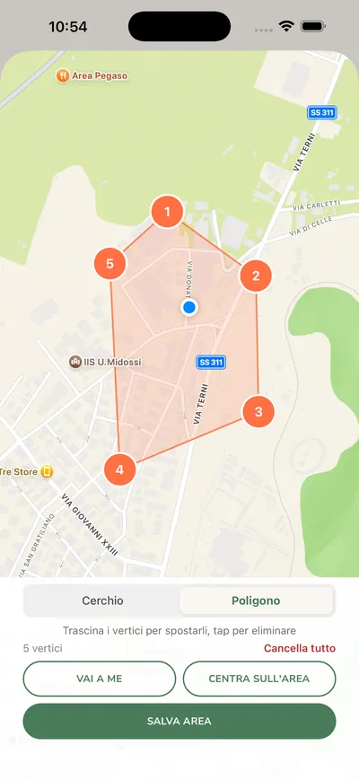 Terra Seek: editor dell'area con un poligono di cinque vertici sulla mappa