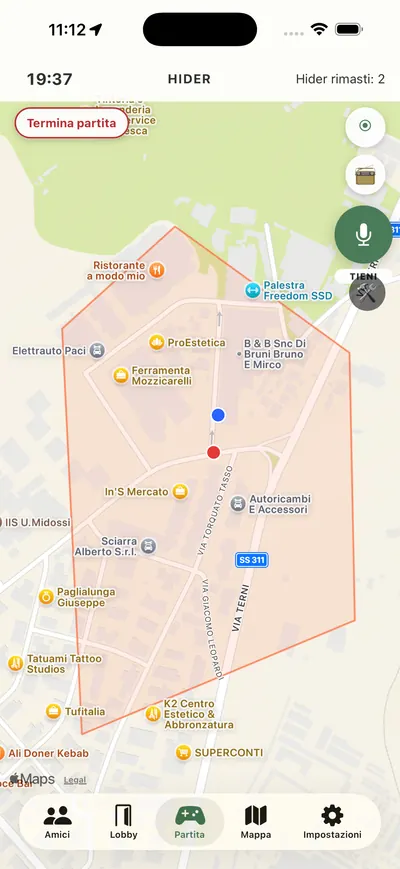 Terra Seek: partita in corso con l'area di gioco e il timer