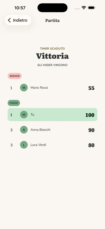 Terra Seek: riepilogo di fine partita, gli hider vincono